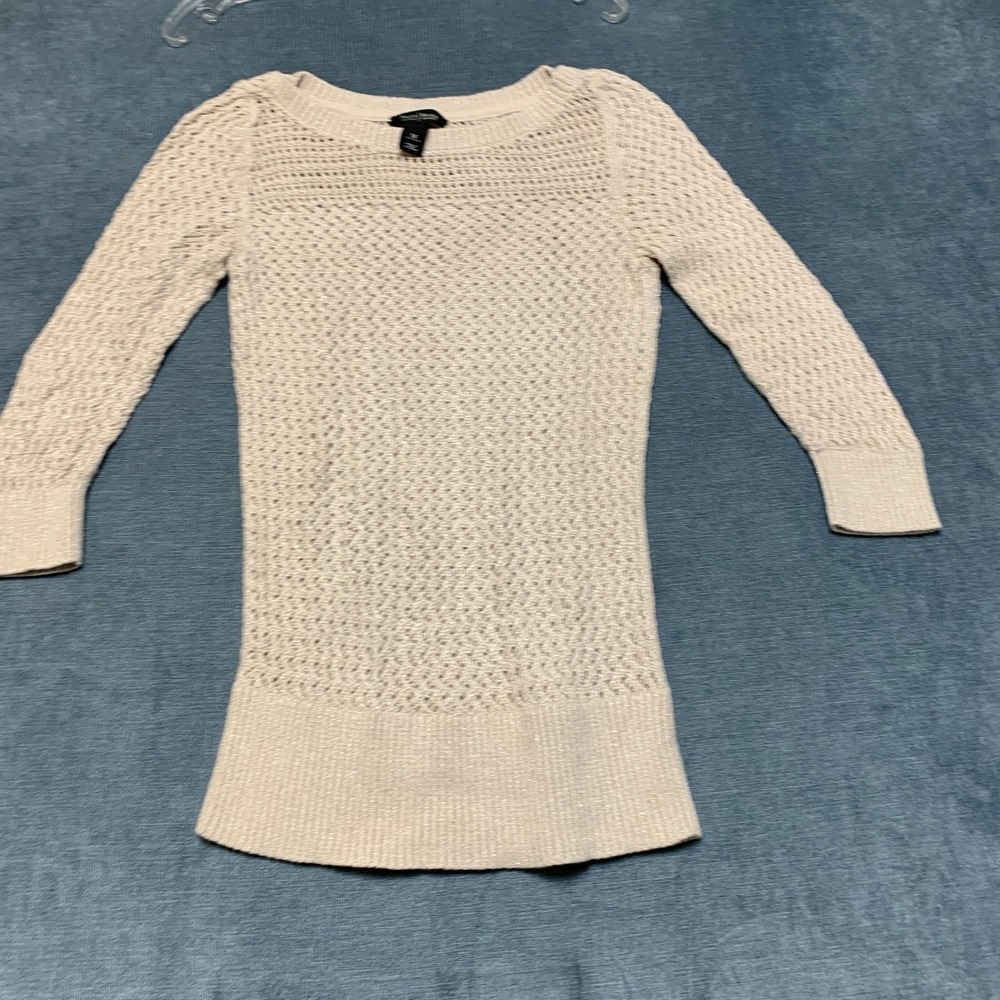 White House Black Market Sweater Womens M Beige Open Knit 3/4 Sleeve Boat Neck